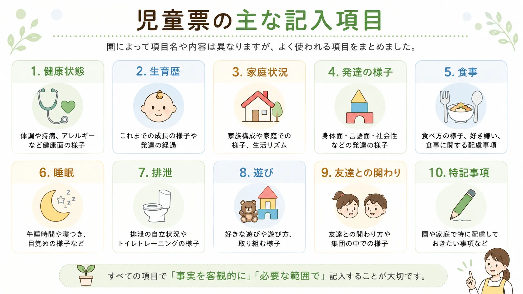 健康状態や生育歴など児童票の主な記入項目