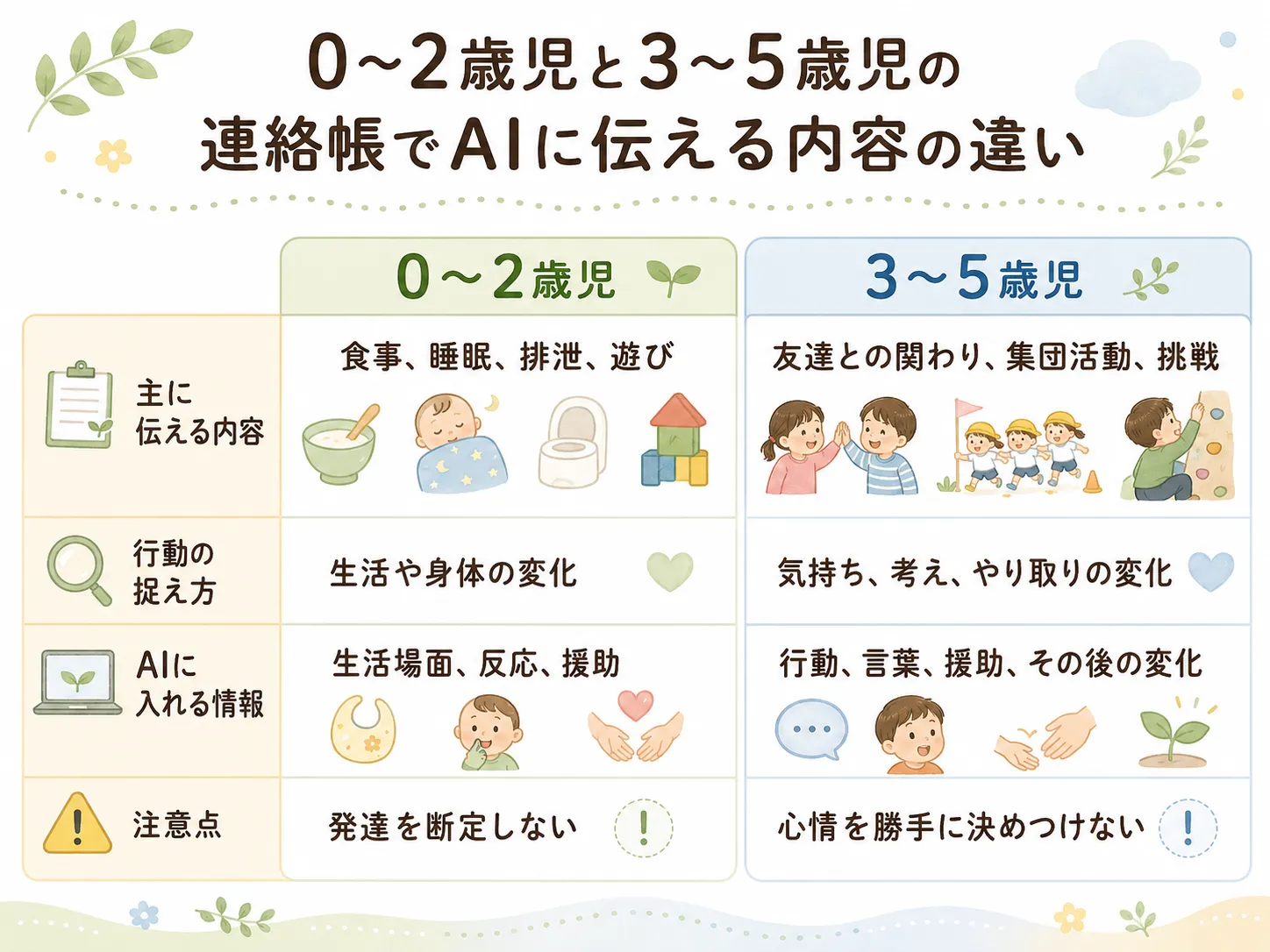 0〜2歳児と3〜5歳児の連絡帳でAIに伝える内容の違い
