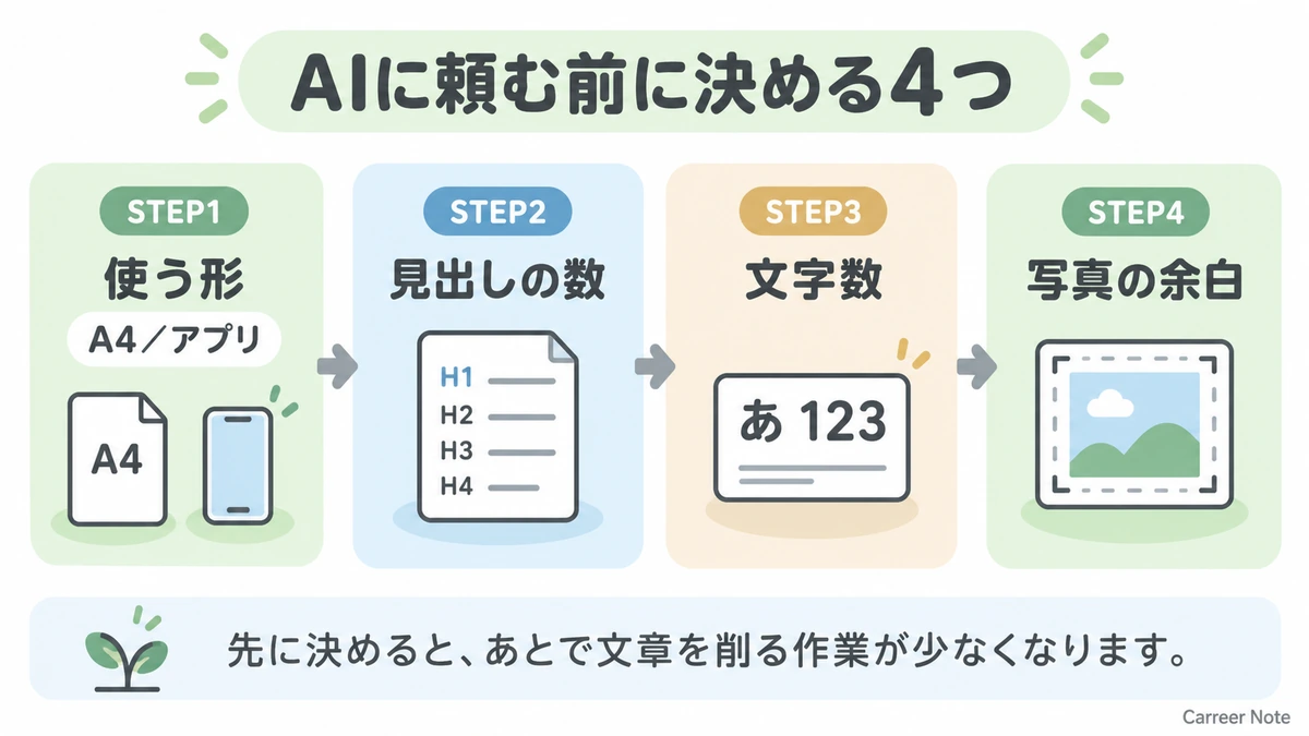 園だよりをAIに頼む前に形、見出し数、文字数、写真の余白を決める4ステップ