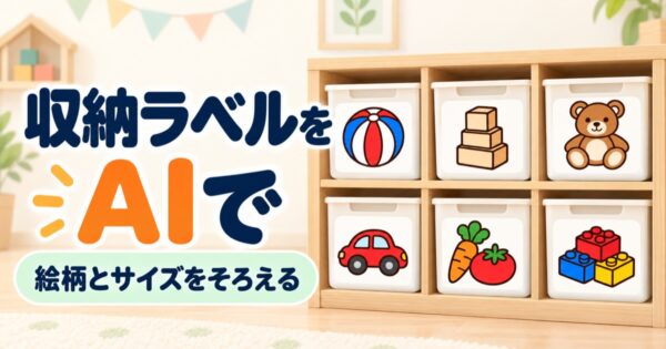 棚に並んだ6種類のおもちゃ収納ラベルのイラスト
