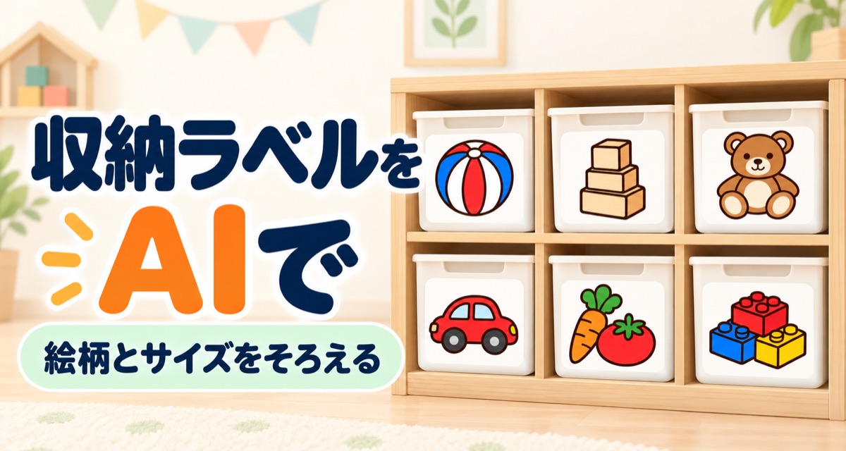 棚に並んだ6種類のおもちゃ収納ラベルのイラスト