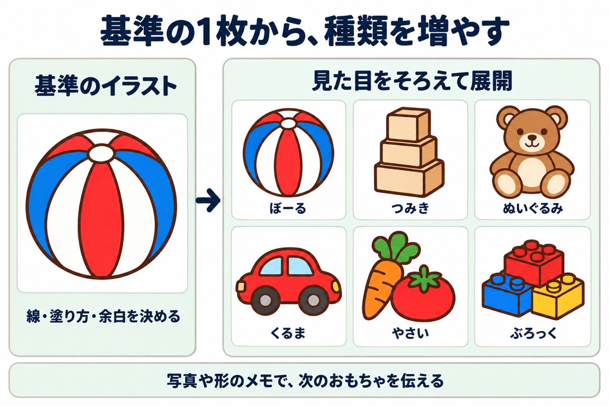 ボールを基準に、積み木・ぬいぐるみ・車・野菜・ブロックへ広げる手順図