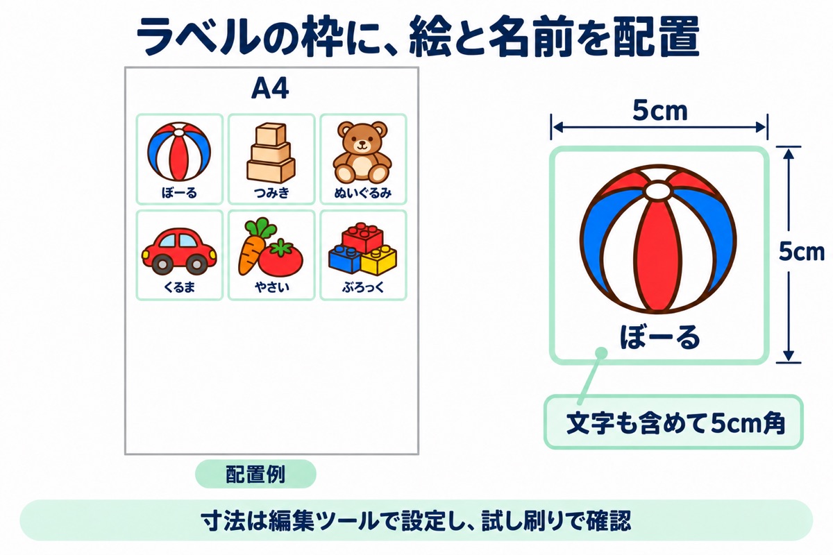 絵と名前を含む5cm角ラベルのA4配置例